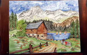 Quadro paesaggio casa sul lago