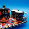 Servizio caffè graffiato "Regina di cuori" 4 tazzine + zuccheriera
