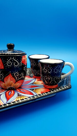 Servizio caffè graffiato "Regina di cuori" 4 tazzine + zuccheriera